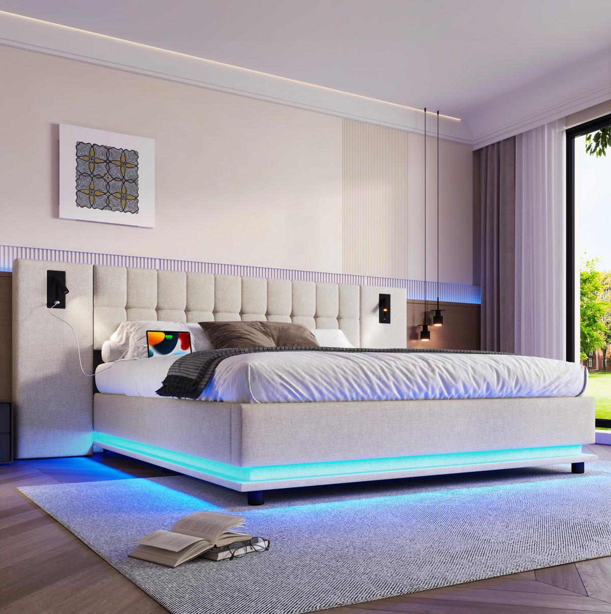 ČALÚNENÁ posteľ 180/200 cm s LED osvetlením, USB portom a lampičkou v čele, bez matraca, Béžová - béžová, textil (180/200cm) - Redom