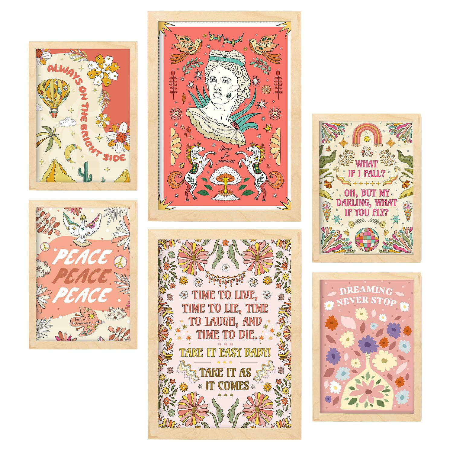 POSTER Set Mit 6 Drucken Von Pink In Brilliant Groovy Style Postersammlung Dekorative Rahmen Für Zuhause Wandkunstdruck A3 & A4 Rahmen Aus Hellem Holz - Beige, Papier (29/3cm) - Nacnic