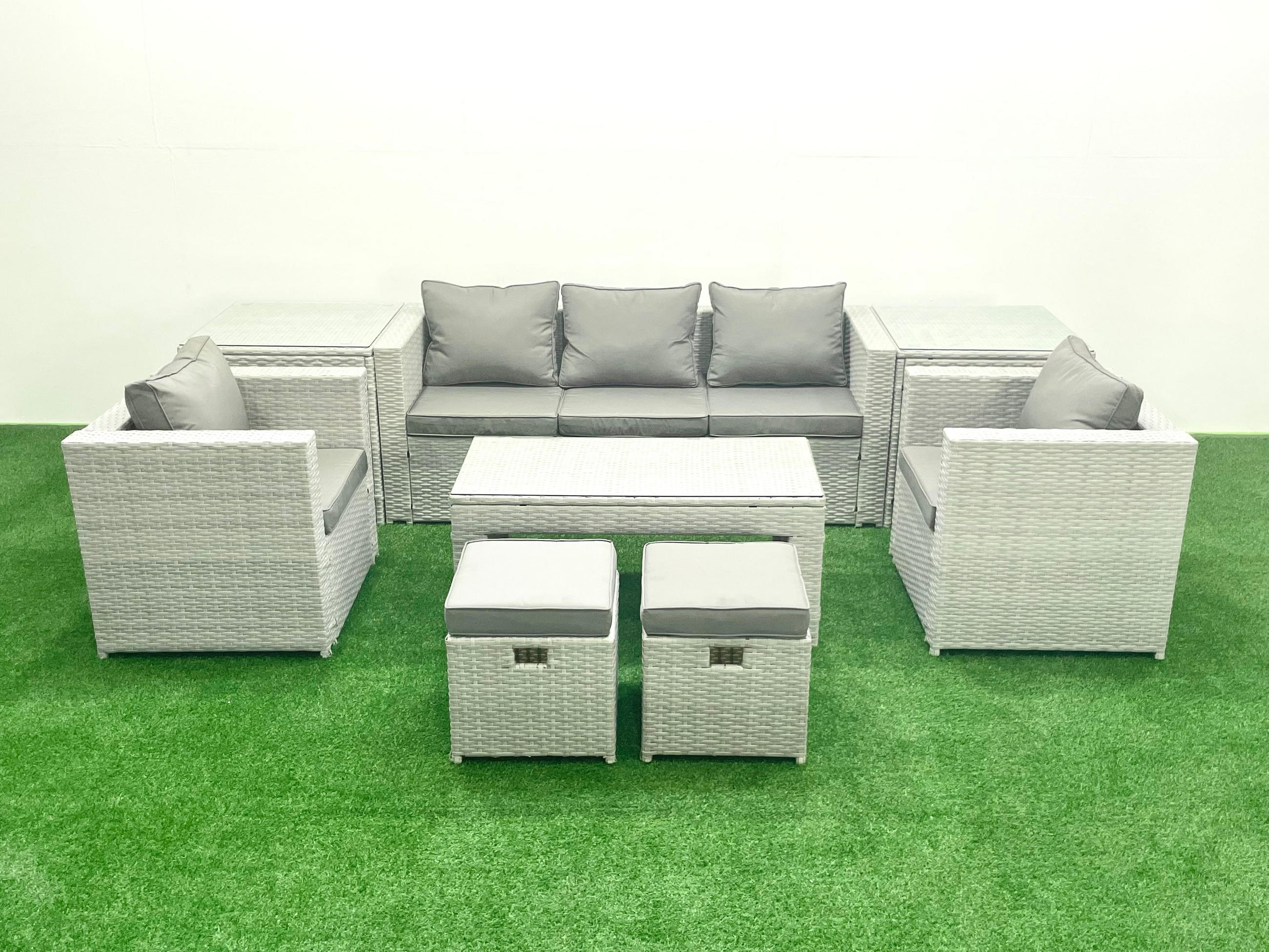GARTENSET mit 3-SITZER SOFA,COUCHTISCH Polyrattan Hellgrau-Mix 7-Sitzer - Hellgrau/Grau, Glas/Kunststoff - Fimous