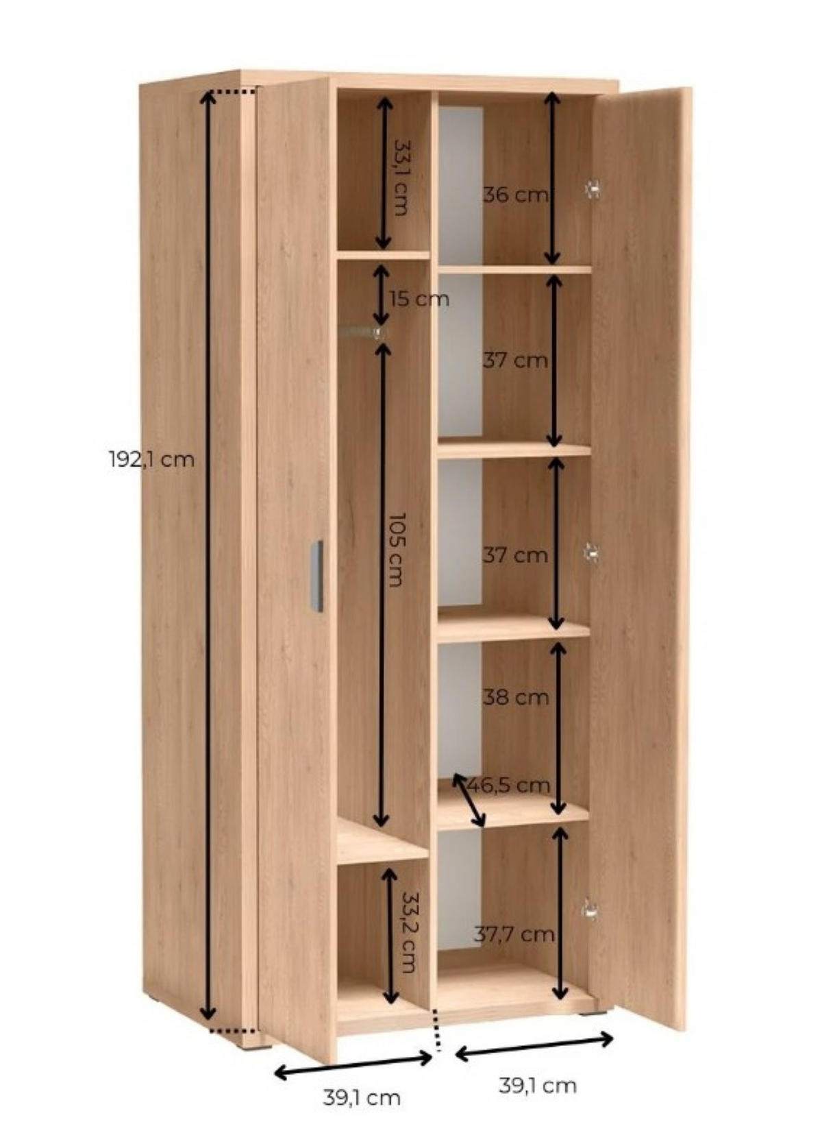 DREHTÜRENSCHRANK BRESSO 86,5/200/58,5 cm 2-türig Eichefarben - Eichefarben, Holzwerkstoff (86.5/200/58.5cm) - MASSENO