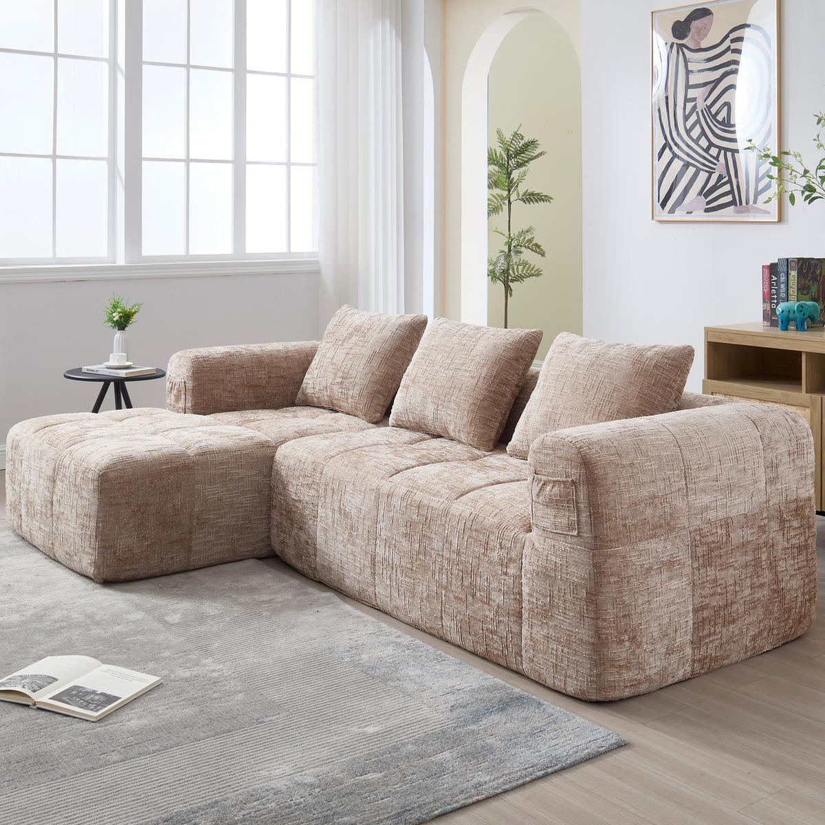 ECKSOFA-CHENILLE-SOFA mit Chaiselongue und Armlehnen, khaki - Sandfarben, Textil (158/250cm) - KOMHTOM