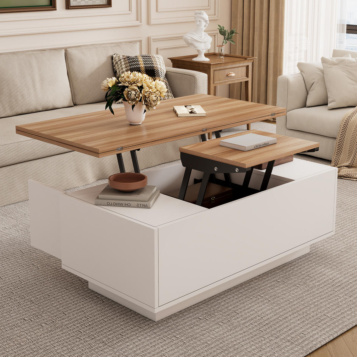 COUCHTISCH Wohnzimmertisch mit Hebefunktion und 2 Platten, Stauraum, 50kg Tragkraft Holzoptik modernes Design Weiß - Weiß, Holzwerkstoff (100/50/55.5cm) - EVRYAE