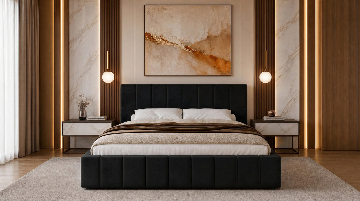 POLSTERBETT 140x200 cm, Alma, Doppelbett mit Bettkasten, Lattenrost aus Holz, Velourstoff, Schwarz - Schwarz, Holz/Textil (140/200cm) - Marpur