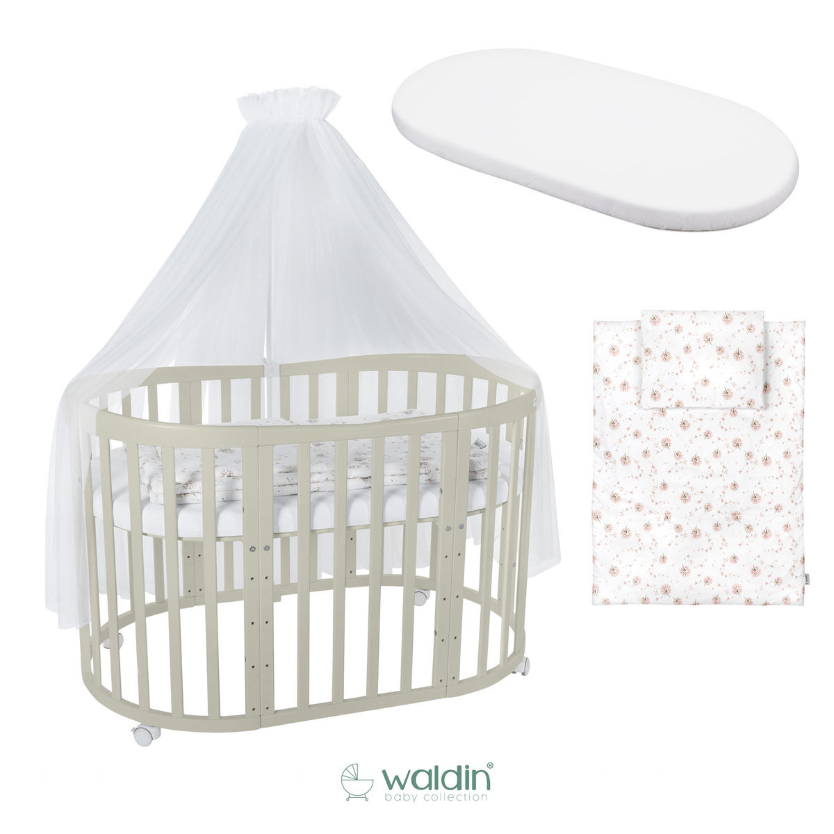 BABYBETT OLIVE OVAL 7in1 mit Matratze und Himmelset - Olivgrün/Weiß, Holz/Textil