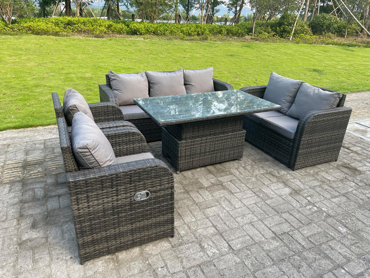 GARTENMÖBEL-SET Polyrattan 7-Sitzer - Dunkelgrau/Grau, Glas/Kunststoff - Fimous