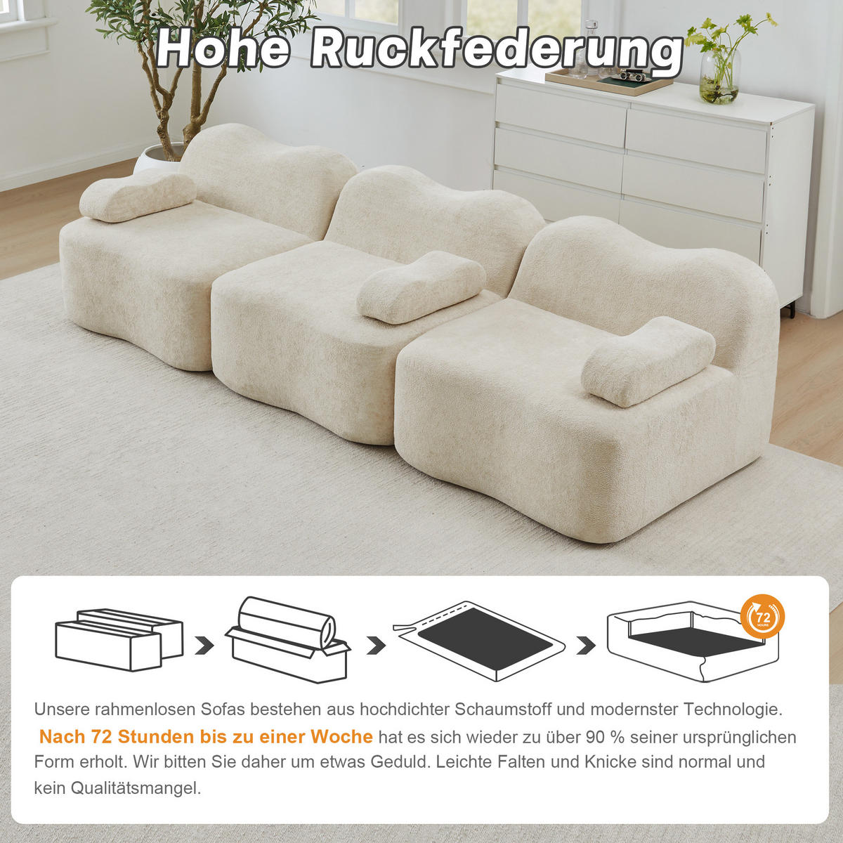 SOFA 288/98/70 cm in Beige aus Samt, modular und rahmenlos - Beige, Textil (98/70/288cm) - Flora Grace