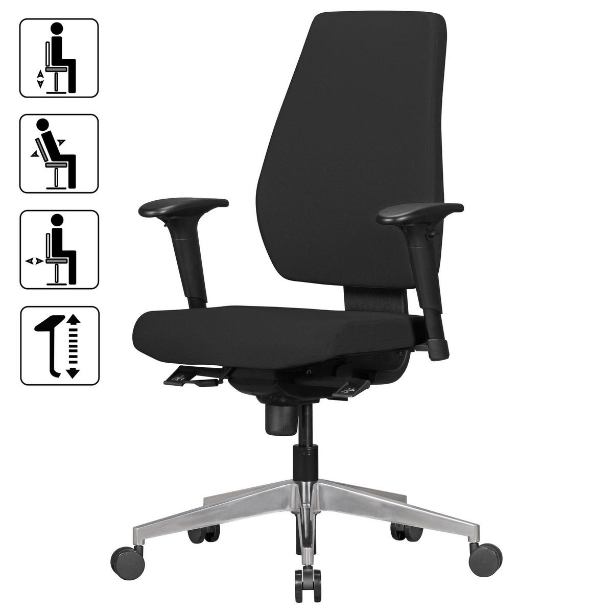 BÜROSTUHL Schwarz Stoff drehbar mit Synchronmechanik und Armlehnen bis 120 kg DARIUS - Silberfarben/Schwarz, Textil/Metall (70/135/63cm) - KADIMA DESIGN