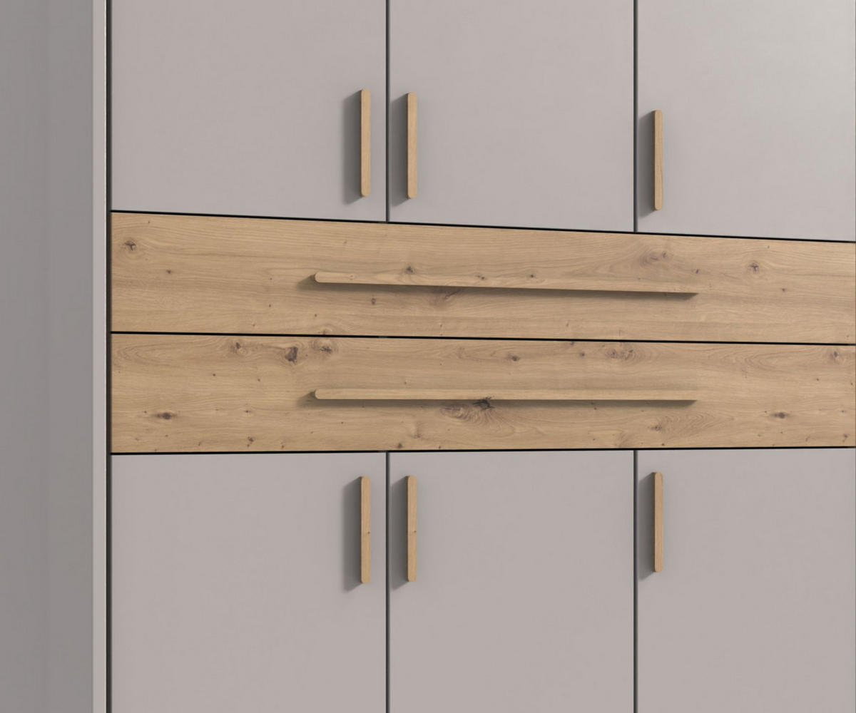 SKŘÍŇ S OTOČNÝMI DVEŘMI B228/H210/T58 cm, béžovo-šedá, s paspartou, 2 zrcadlové dveře, 2 velké zásuvky a úchytky v dekoru dub Artisan / 22639 - šedobéžová/dub artisan, kompozitní dřevo/plast (228/210/58cm) - luma-home