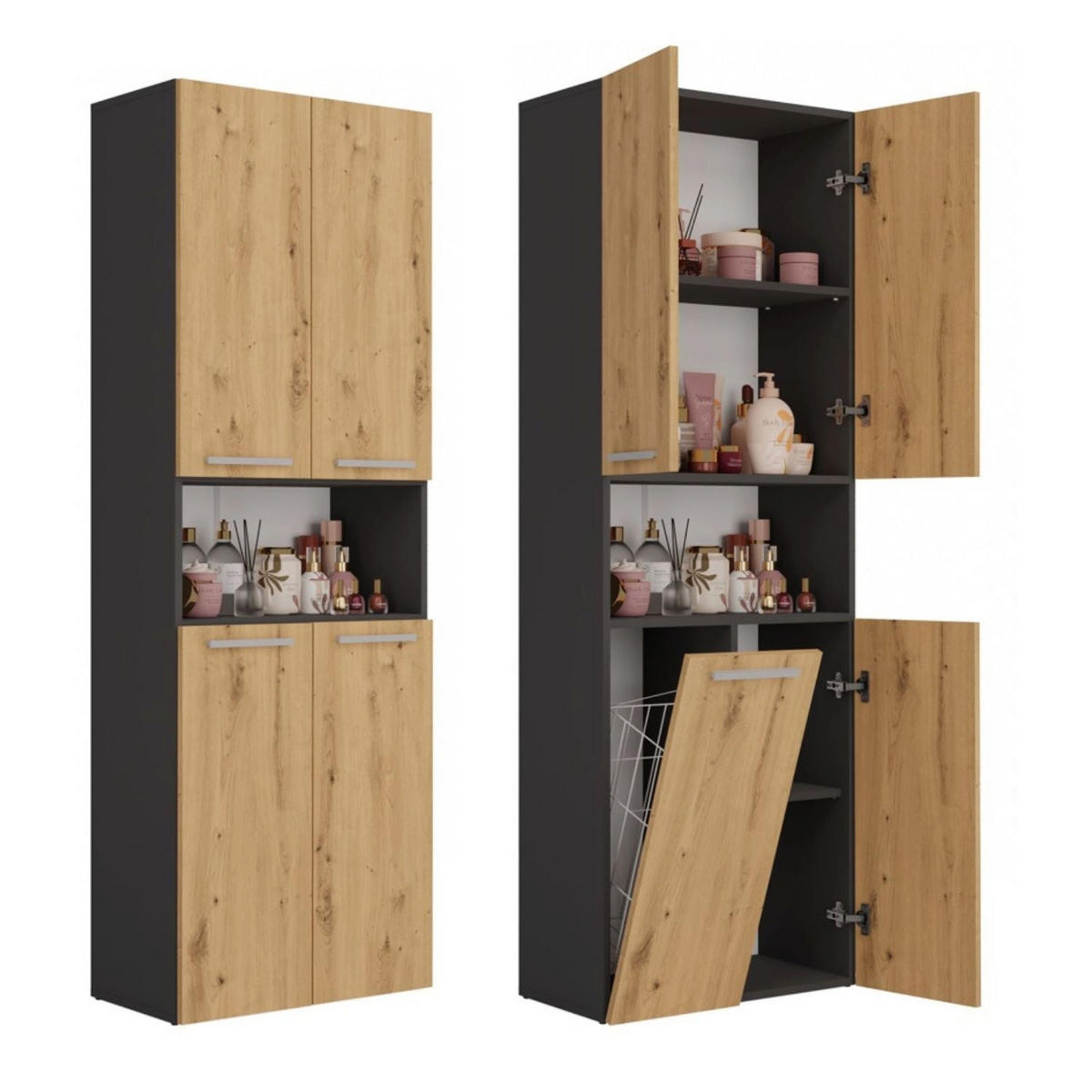 BAD Hochschrank Billy - Anthrazit/Eiche Artisan, Holzwerkstoff (60/174/30cm) - kommodly