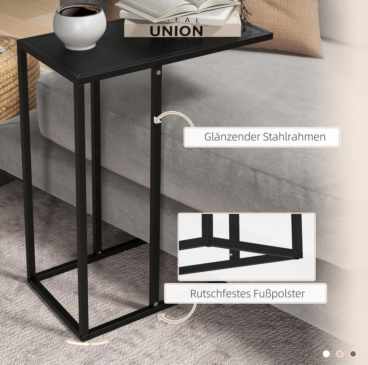 BEISTELLTISCH in C-Form 46 x 26 x 60 cm Stahl Schwarz - Schwarz, Metall (46/26/60cm) - Meubliv
