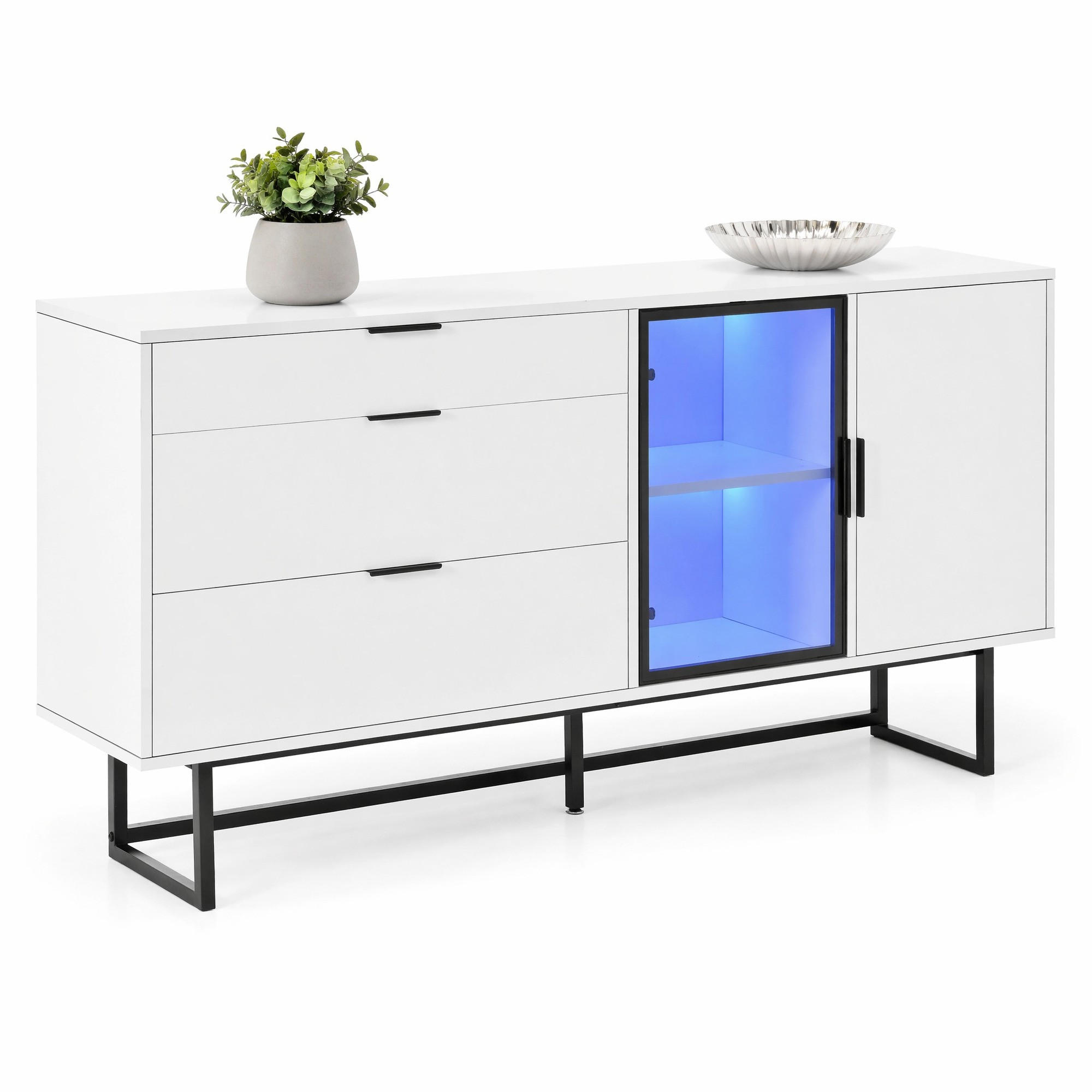 SIDEBOARD in Weiß mit 3 Schubladen, Glastüren und LED-Lichtleiste für Esszimmer und Wohnzimmer, B160/T36/H78 cm - Transparent/Schwarz, Holzwerkstoff/Metall (160/78/36cm) - STILVORA