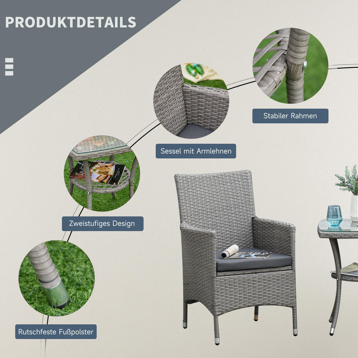 RATTAN Gartenmöbel Set mit Beistelltisch, Bistroset 3-tlg., Polyrattan + Stahl - Grau, Metall - Outsunny