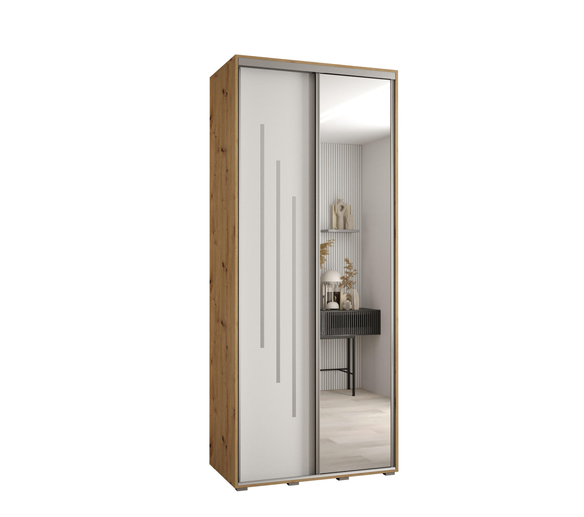 Abiks Möbel SCHWEBETÜRENSCHRANK Eiche Artisan, Weiß, Silber 120cm × 60cm × 235cm