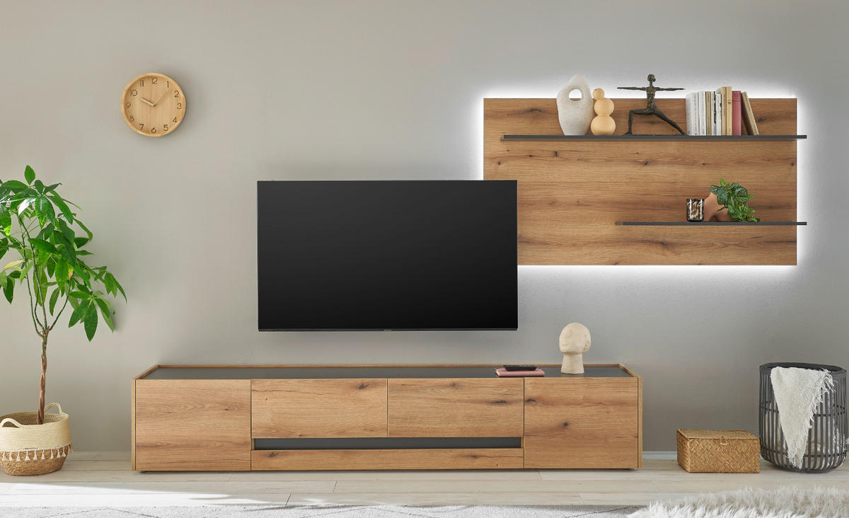 TV-LOWBOARD Eiche Evoke, grau 220 cm, TV Unterschrank mit Stauraum - Eichefarben/Schwarz, Holzwerkstoff/Kunststoff (223/40/45cm) - Furn.Design