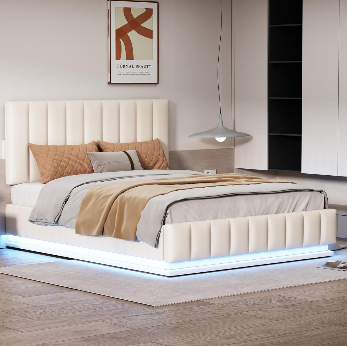 ČALÚNENÁ posteľ z umelej kože 140x200 cm biela s LED osvetlením, hydraulickým úložným priestorom a zvýšenou nosnosťou - biela, textil (140/200cm) - Modfu