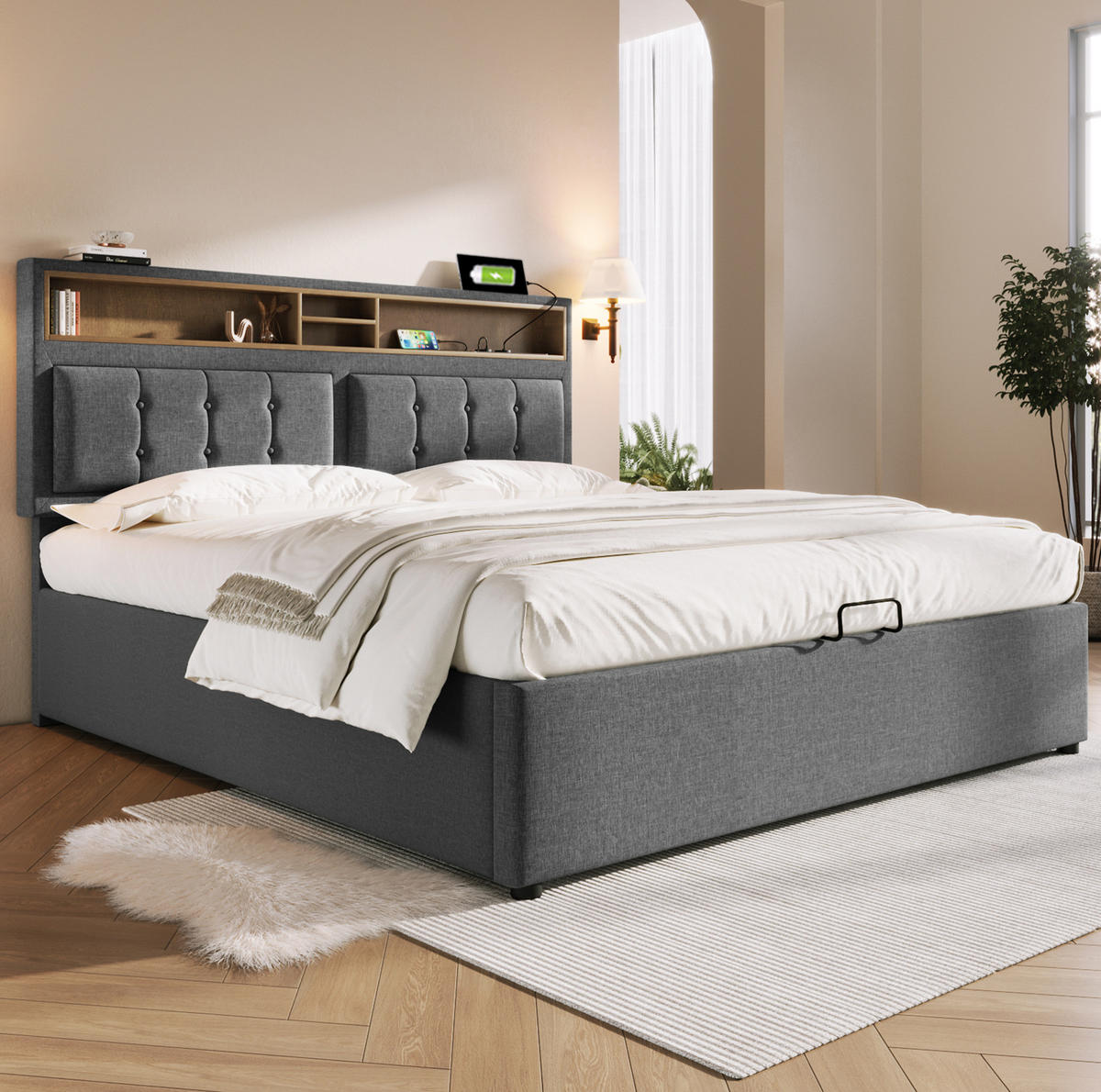 POLSTERBETT mit Stauraum und USB/Type-C 140x200 cm Leinen Grau - Grau, Metall (140/200cm) - Meubliv