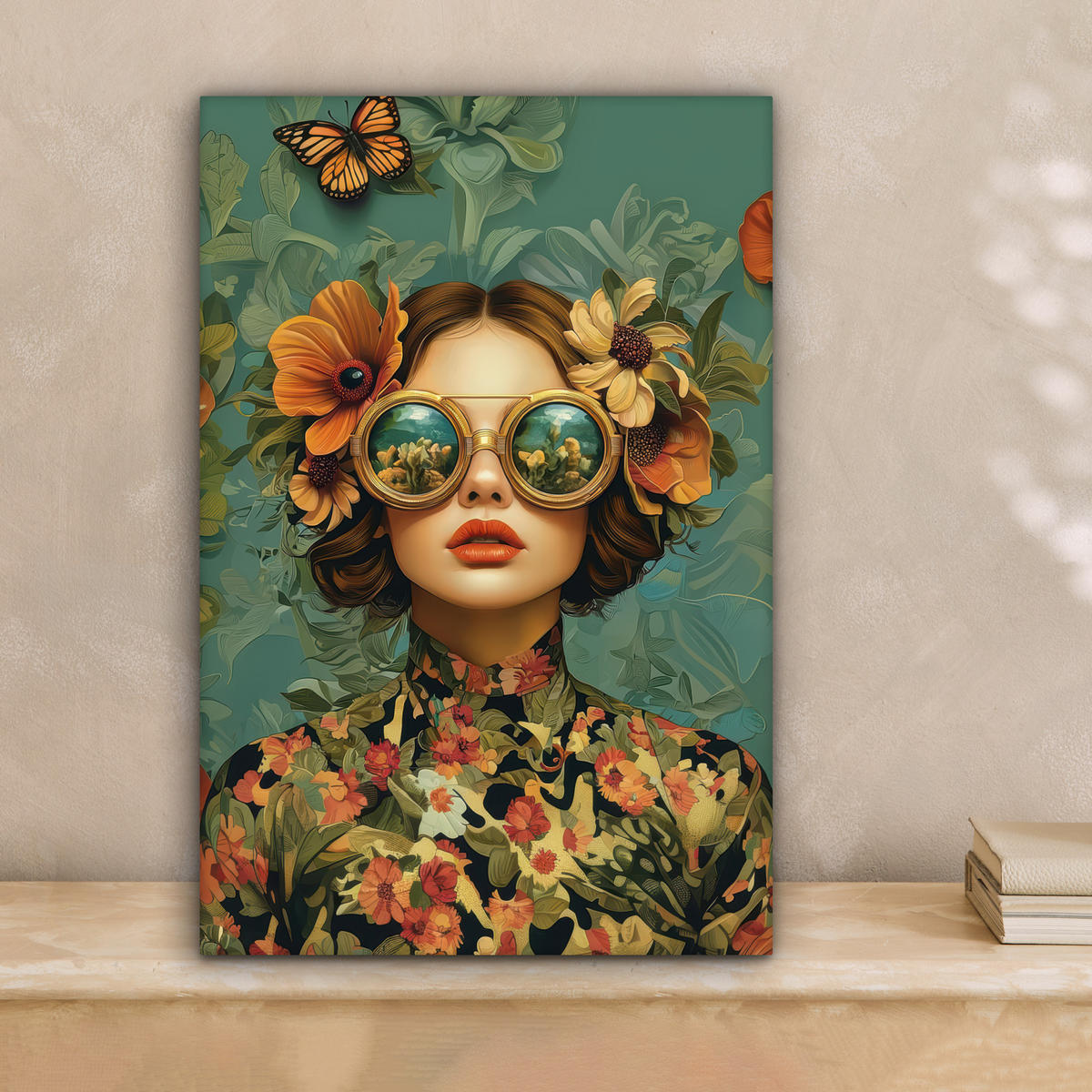 LEINWANDBILD Frau - Blumen - Schmetterlinge - Natur - Vintage Deko Wohnzimmer 20x30 cm - Salbeigrün, Textil (20/30cm) - MuchoWow