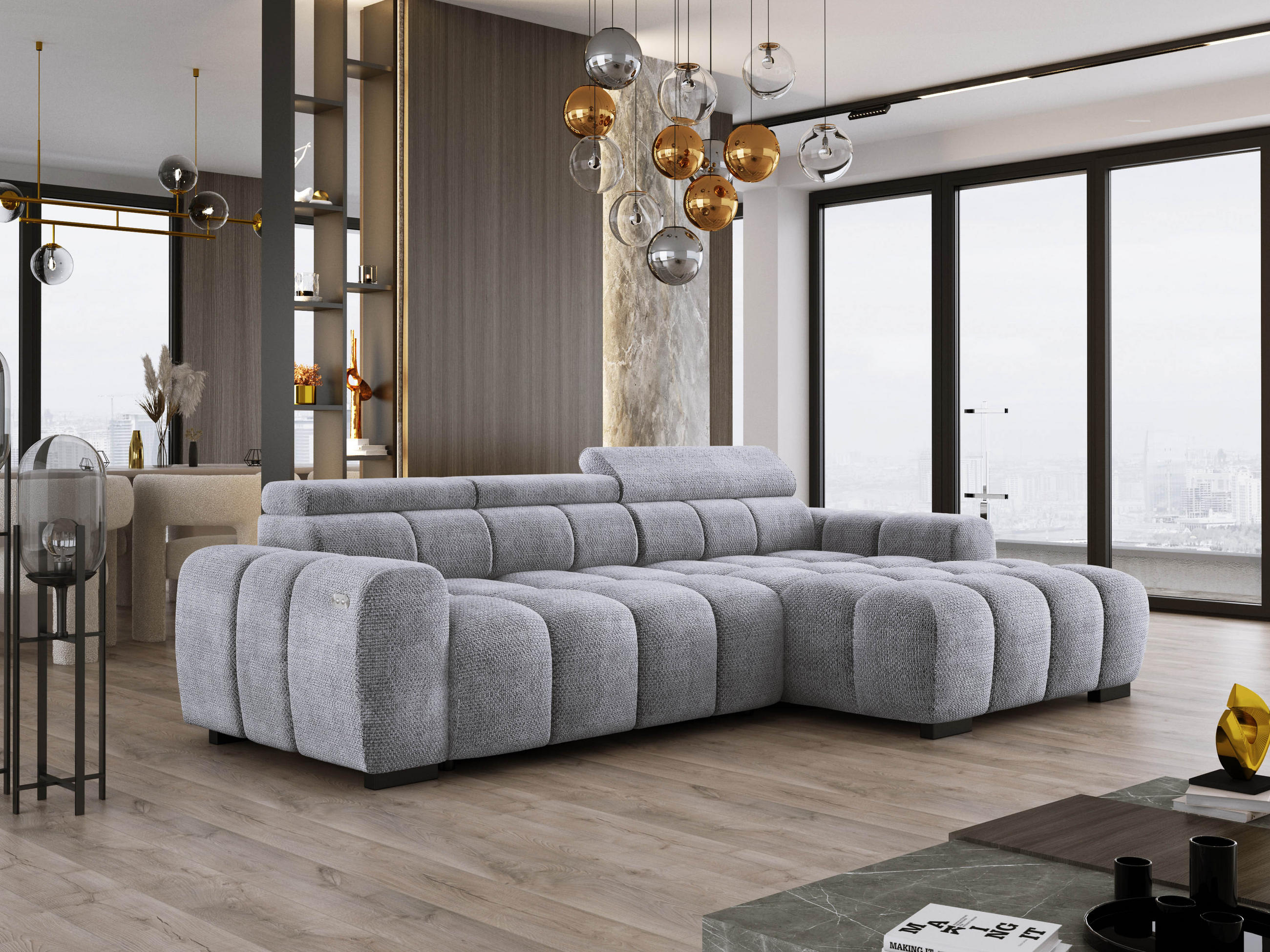 ECKSOFA OMBO 285x168x77/97 cm, Rechts, Schlaffunktion, elektr. Sitz, Kopfstützen, hydrophober EDEN-Stoff – Silber - Silberfarben, Holz/Textil (285/168cm) - DomoHome