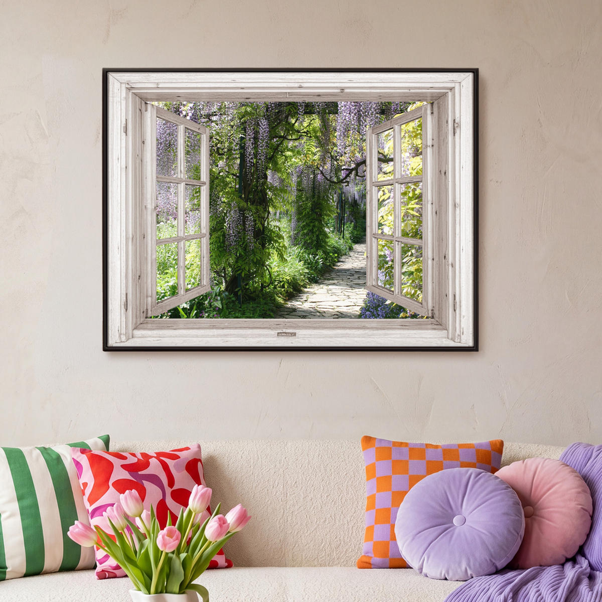 LEINWAND Bilder mit Rahmen - Blauer Regen - Blumen - Aussicht - Baum - Frühling - 100x70 - Grün, Textil (100/70cm) - MuchoWow