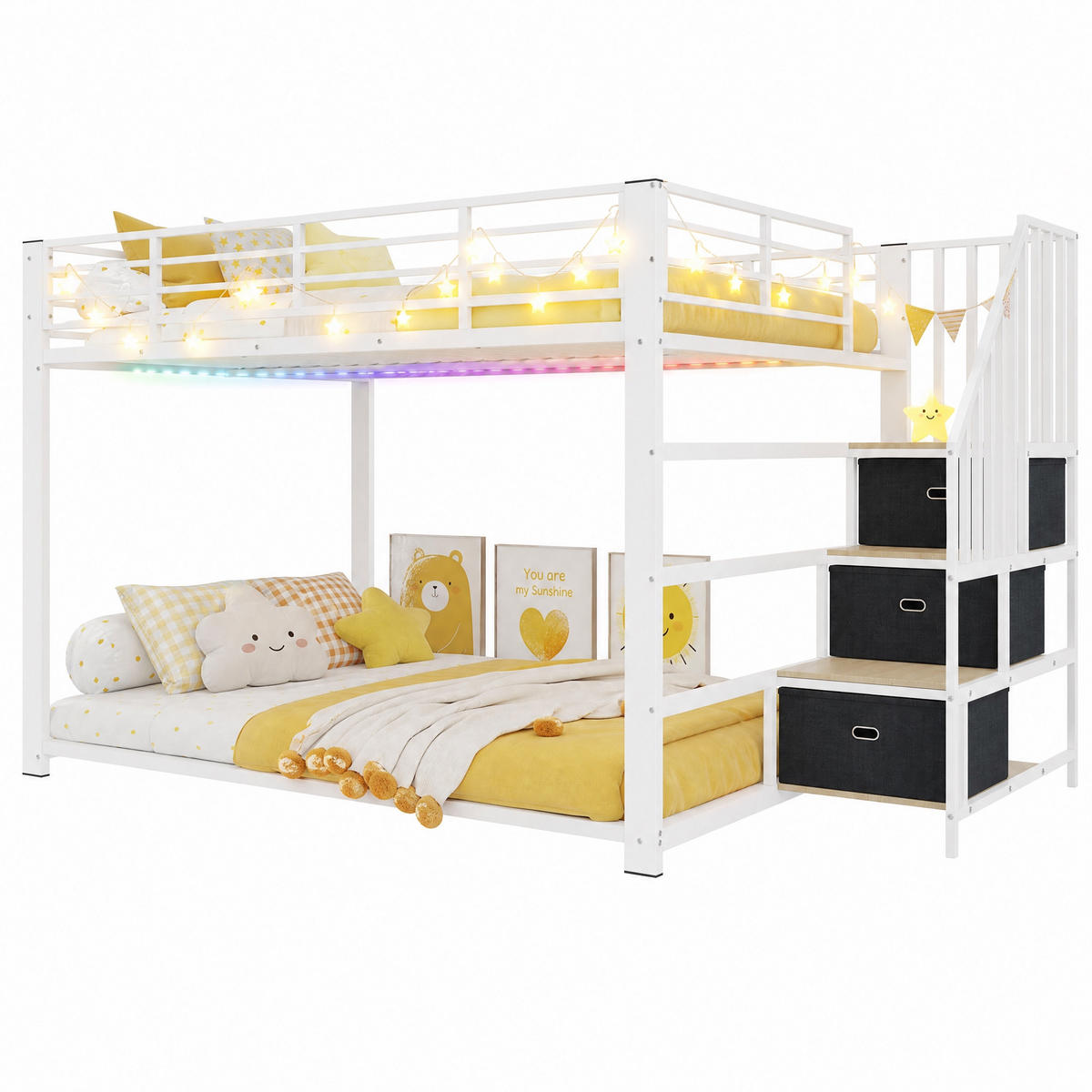 ETAGENBETT 140/200 cm mit Treppe, LED und Steckdose, DE-41957, in Weiß - Weiß, Metall (140/200cm) - ComfortXL