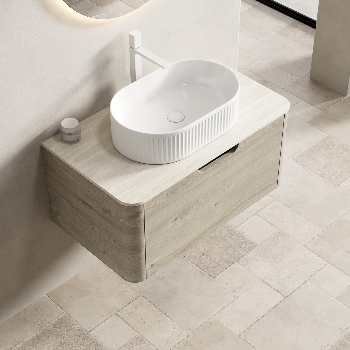 WASCHTISCHUNTERSCHRANK 80x46x50.2cm Beige/Weiß mit ovalem Keramikbecken & Travertin-Arbeitsplatte - Creme, Keramik (80/50.2/46cm) - Modfu