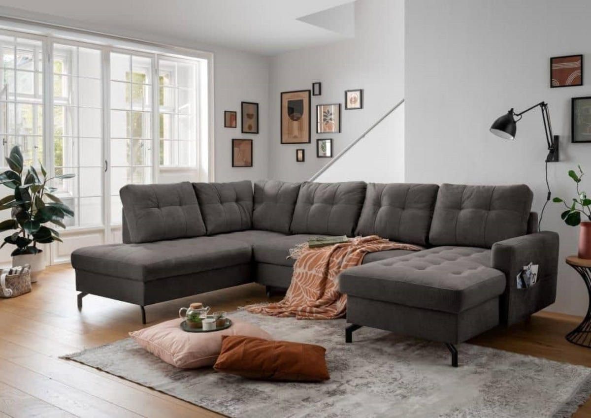 WOHNLANDSCHAFT mit Schlaffunktion und Bettkasten - Anthrazit/Schwarz, Textil/Metall (305/92/200cm) - myHomelando