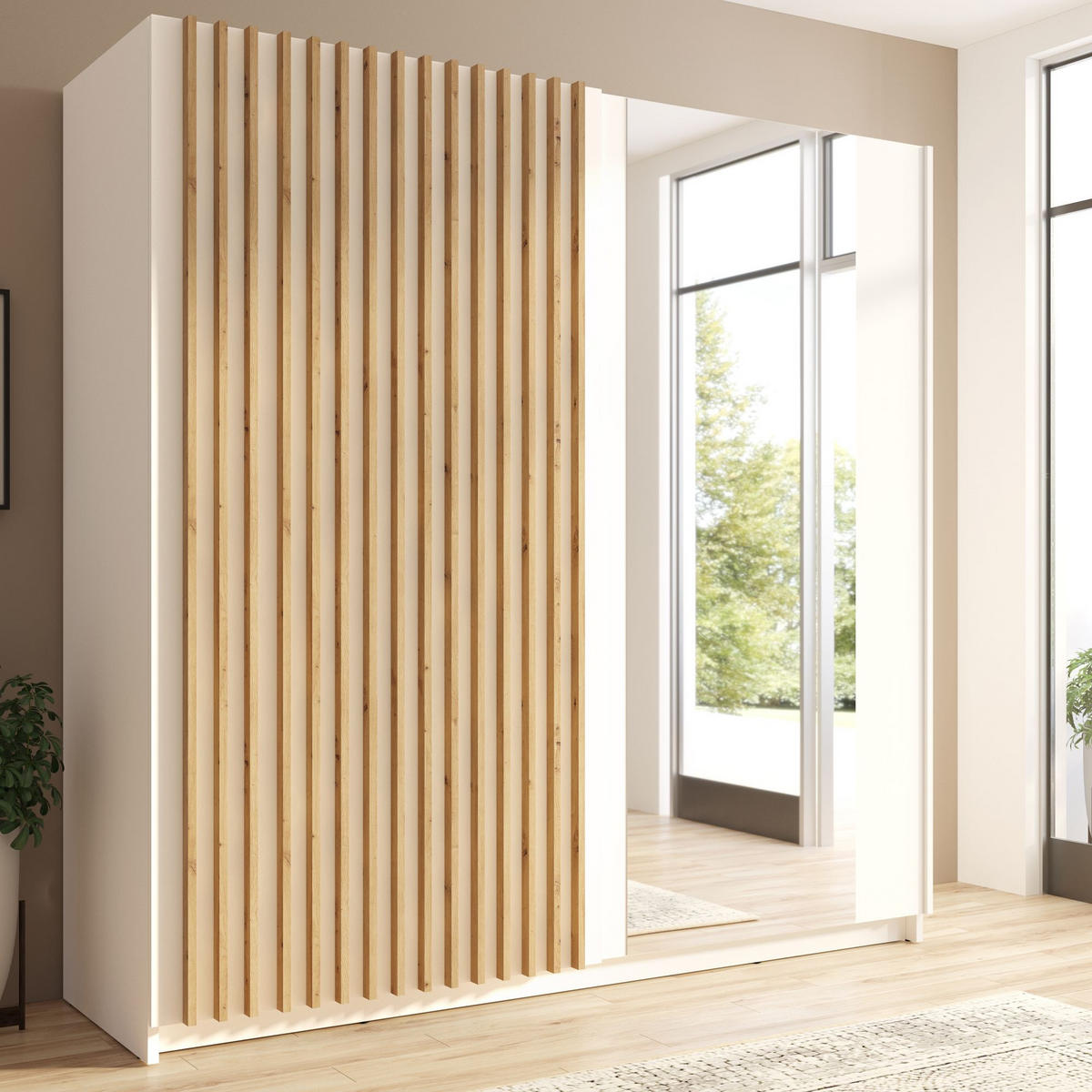 SCHIEBETÜRENSCHRANK CASTARI Weiß / Artisan Eiche - Weiß/Eiche Artisan, Holzwerkstoff (200.2/198.5/62cm) - KONSIMO®