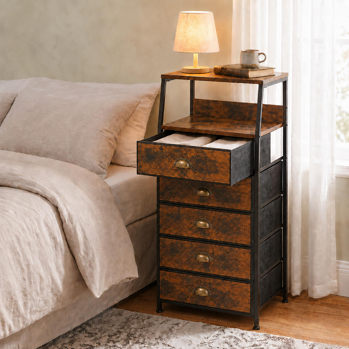 KOMODA vintage smeđa crna 5 ladica 110x40x29 cm - smeđa, drvni materijal/metal (40/110/29cm) - Relaxdays