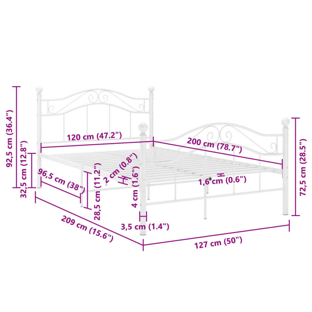 BETT Weiss Metall 120/200 Cm - Weiß, Metall - vidaXL
