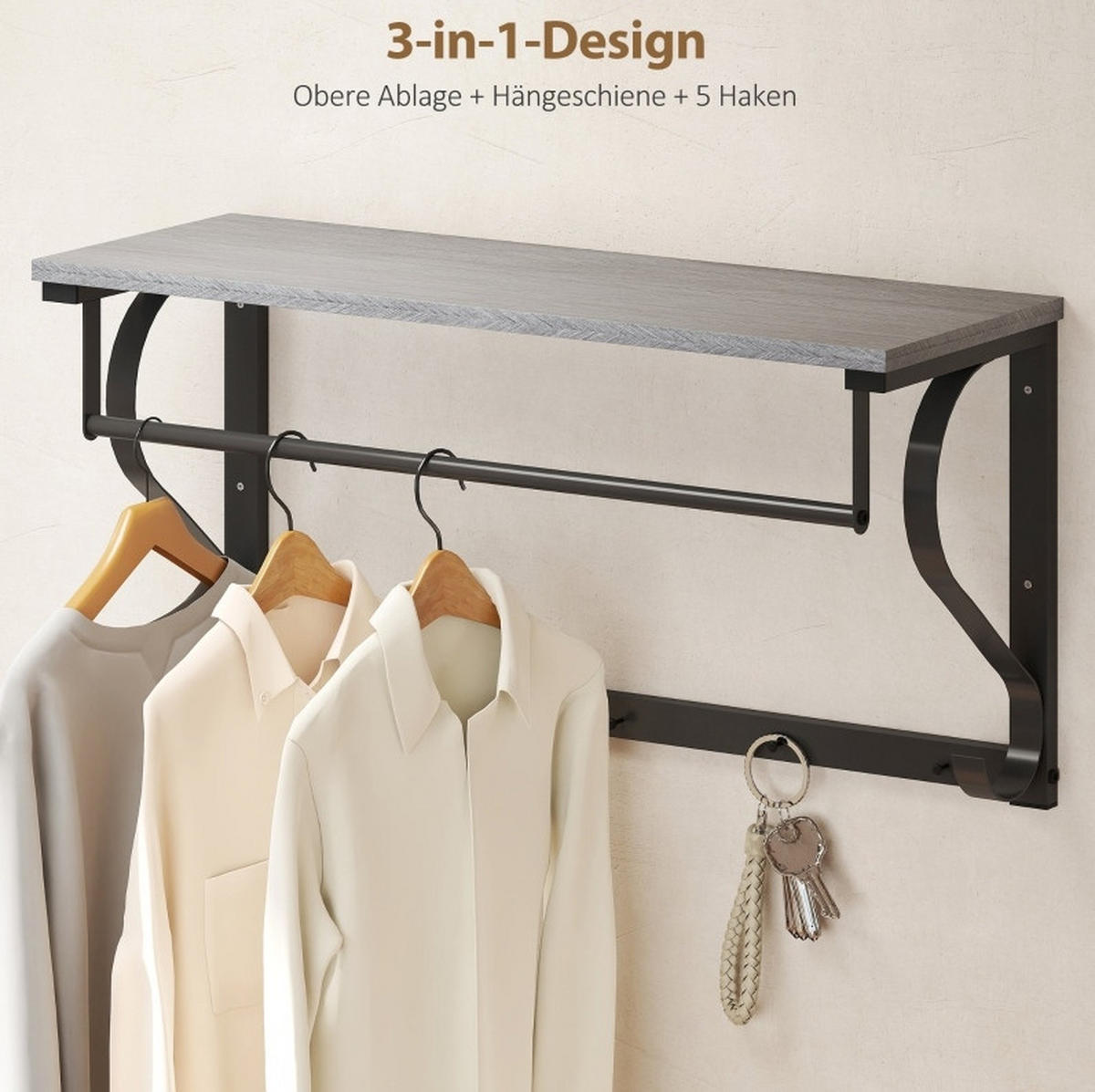 WANDGARDEROBE Grau aus Holz mit Ablagefach und 5 Haken - Grau, Holz (25/35.4/70cm) - OKMYHOME