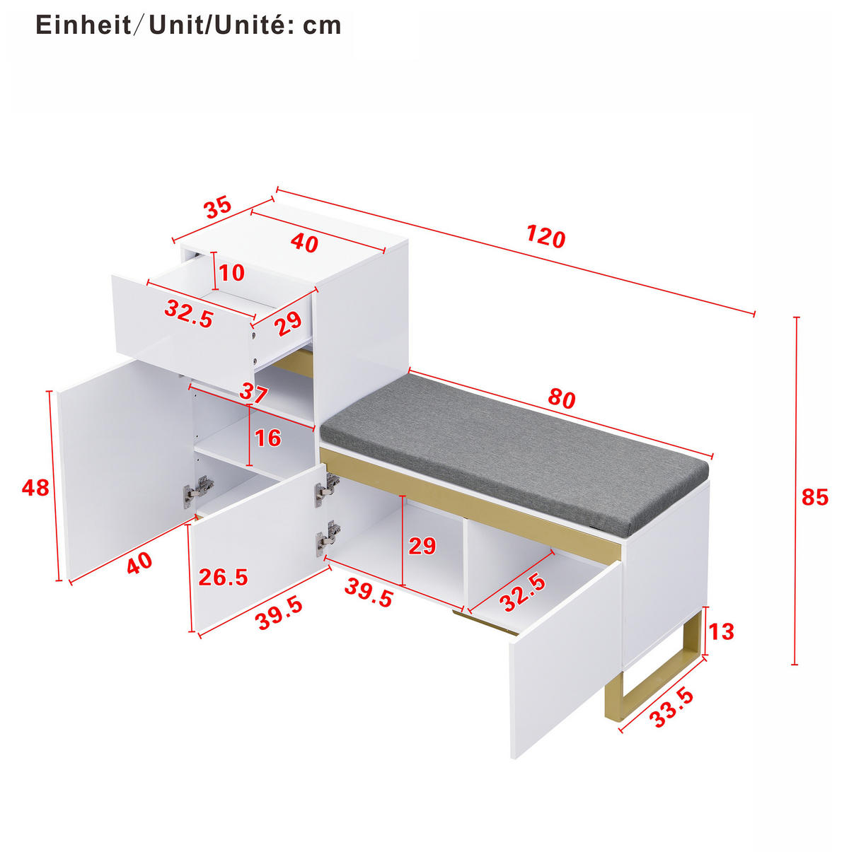 SCHUHSCHRANK 120/35/85 cm weiß aus MDF mit Sitzkissen und Schublade - Weiß, Holzwerkstoff (120/85/35cm) - OKWISH