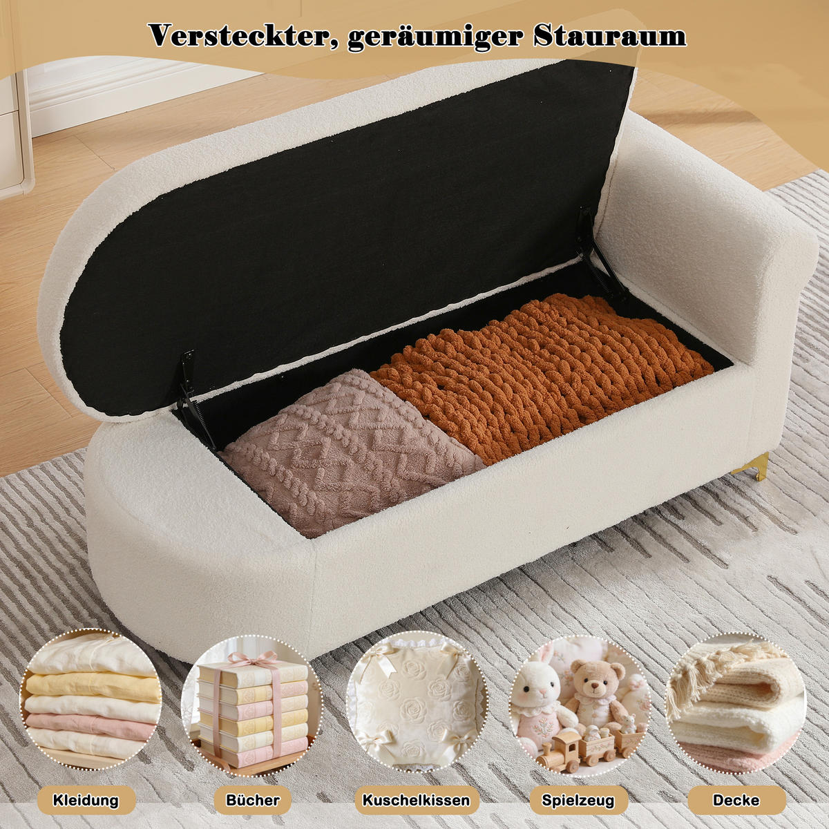 RÉCAMIERE Stoff Beige & Weiß mit Stauraum und mit Kissen - Beige, Holzwerkstoff/Textil (134/70/64cm) - WISHDOR