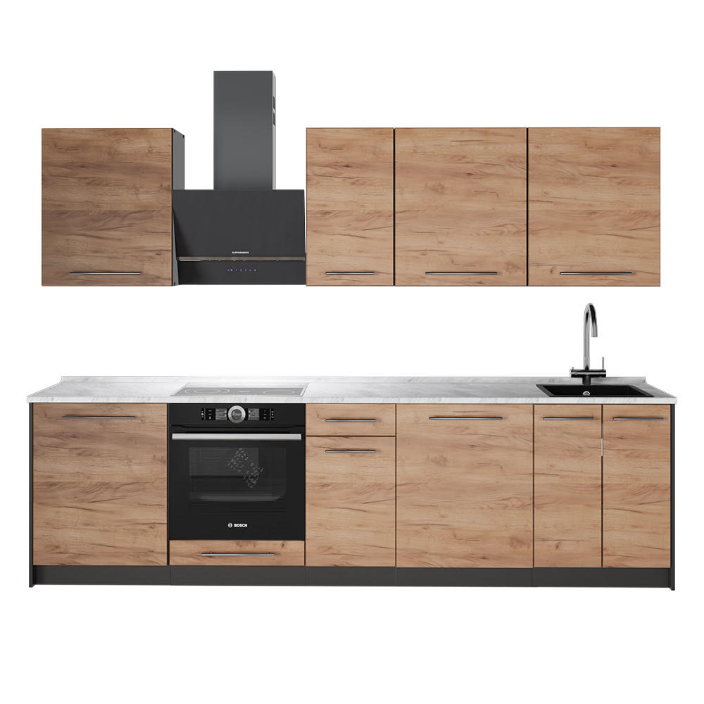 KÜCHENZEILE Fame-Line, Goldkraft Eiche/Anthrazit, 280 cm, AP Marmor - Honigeiche/Anthrazit, Holzwerkstoff (280/82/60cm) - Vicco