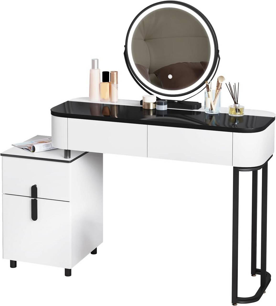 SCHMINKTISCH mit LED, Glasplatte, Seitenschrank, Weiß+Schwarz - Schwarz/Weiß, Holzwerkstoff/Metall (100/125/40cm) - Woltu