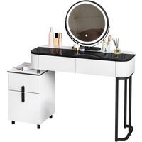 SCHMINKTISCH mit LED, Glasplatte, Seitenschrank, Weiß+Schwarz - Schwarz/Weiß, Holzwerkstoff/Metall (100/125/40cm) - Woltu