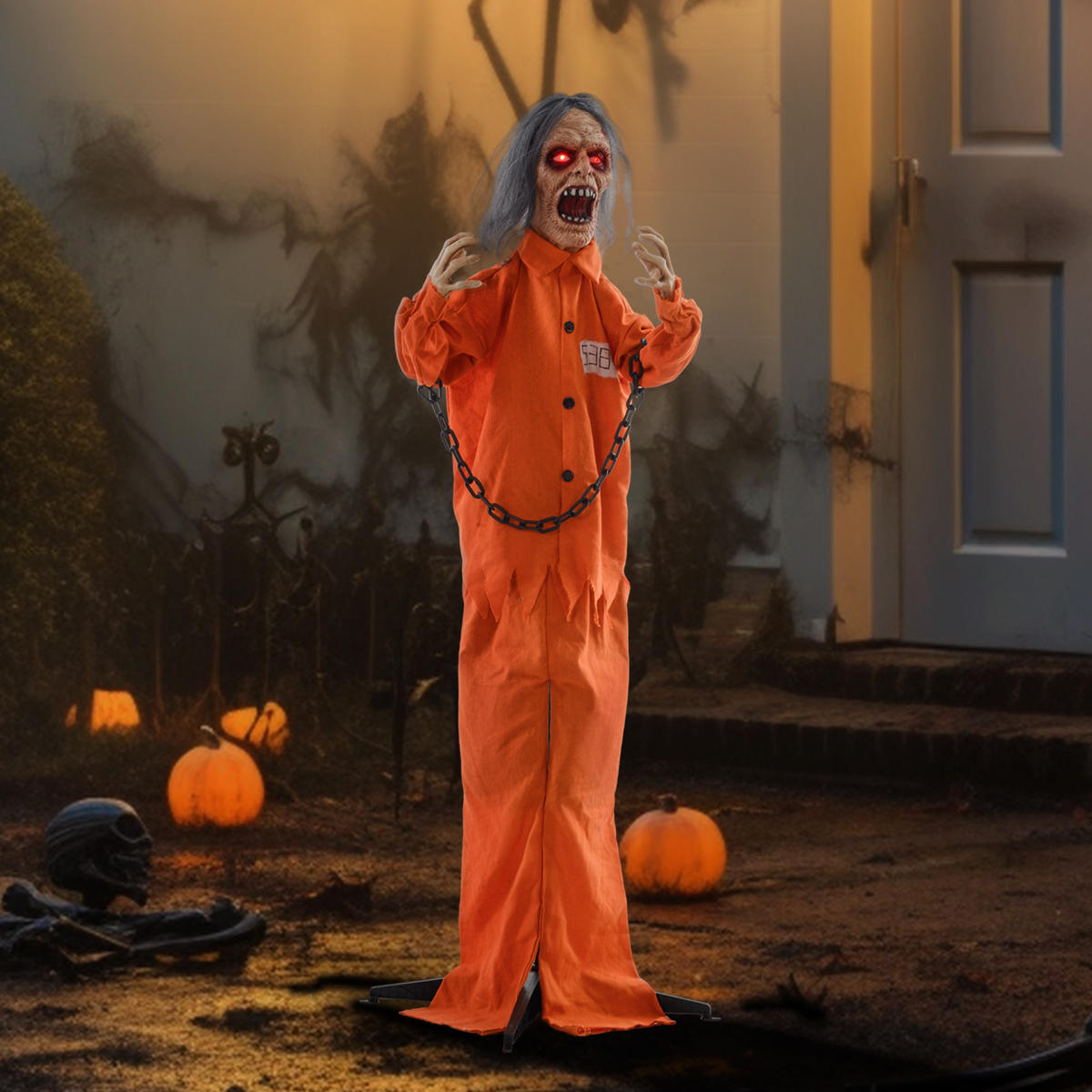 85CM Halloween Dekoration Gruseliger Gefangener mit LED-Lichter, Soundfunktion - Orange, Kunststoff/Metall (15/85/50cm) - HOMCOM