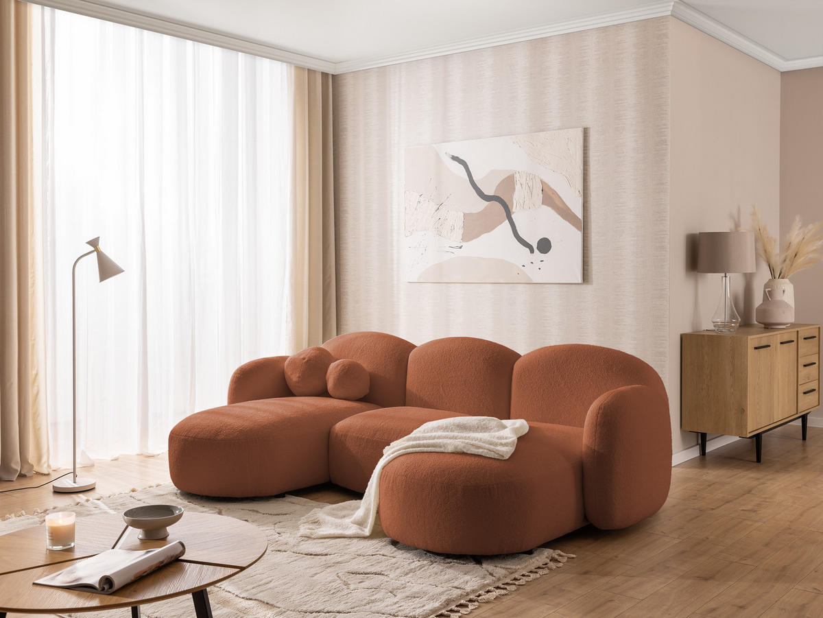 WOHNLANDSCHAFT Nuvola mit abgerundetem Design Terrakotta Bouclé-Stoff - Terra cotta/Schwarz, Holz/Kunststoff (268/80/146cm) - S-Style Möbel