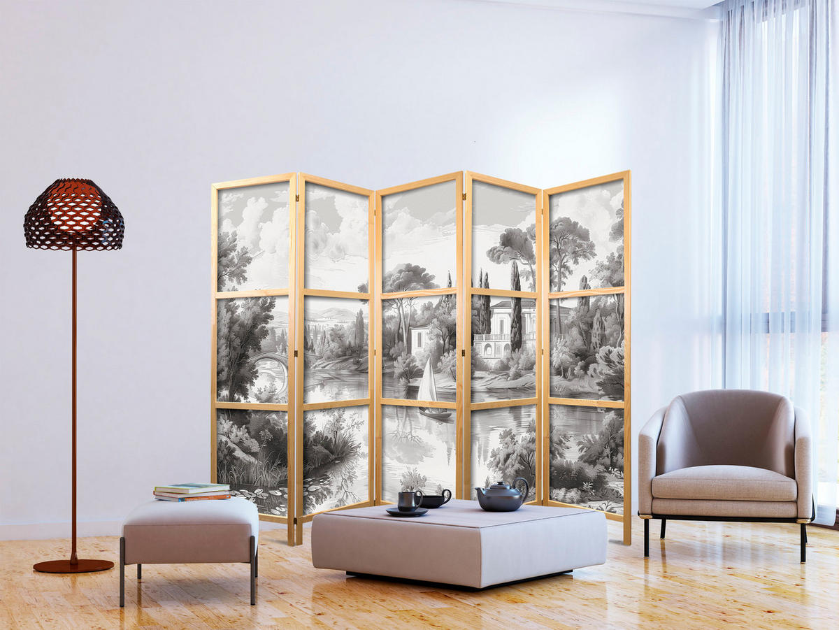 PARAVENT Japanischer 5-tlg 225x172 cm Schwarz-Wei e Landschaft - Grau, Holz/Textil (225/172/3cm) - Muralo