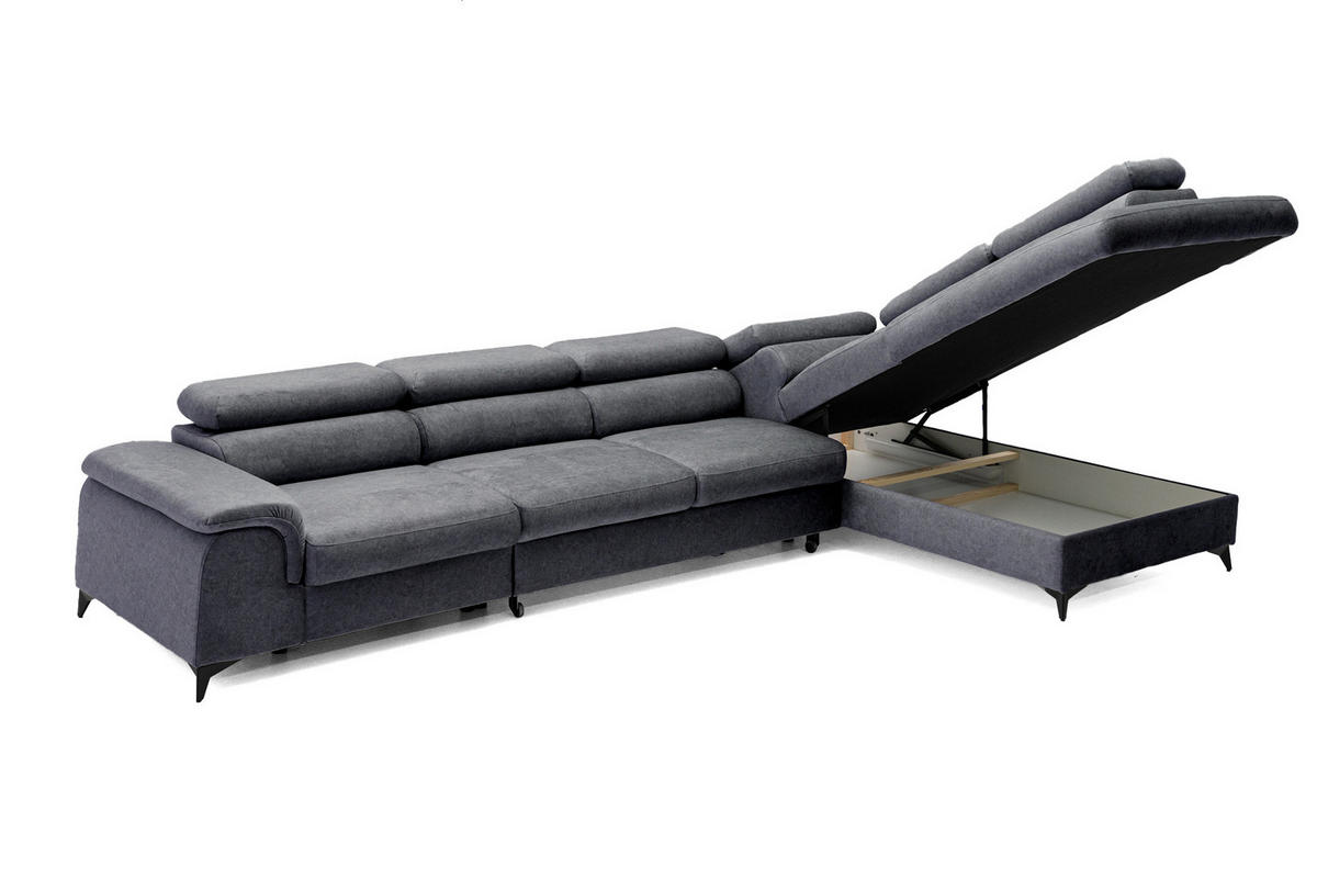 ECKSOFA Plaza Maxi Dunkelgrau mit Schlaffunktion und Bettkasten 6x verstellbare Kopfstützen - Dunkelgrau, Textil (203/350cm) - Muffo