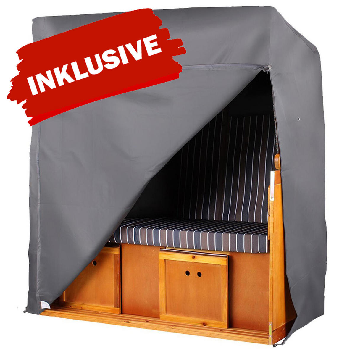STRANDKORB Komplettset - Schleswig Pinie - PE mokka - Modell 563 - Hellgrau, Holz (120/160/80cm) - bene living
