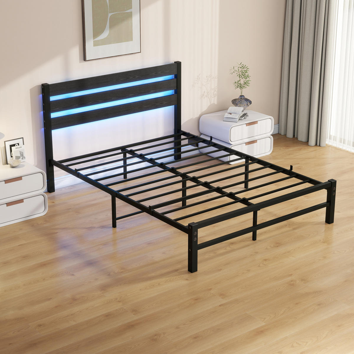 METALLBETT 140/200 cm Schwarz mit USB-Ladestation und LED-Bettrahmen - Schwarz, Metall (140/200cm) - Oxeza