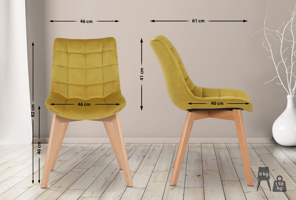 STUHL Samt Gelb - Eukalyptusholzfarben/Gelb, Holz/Textil (46/82/61cm) - CLP