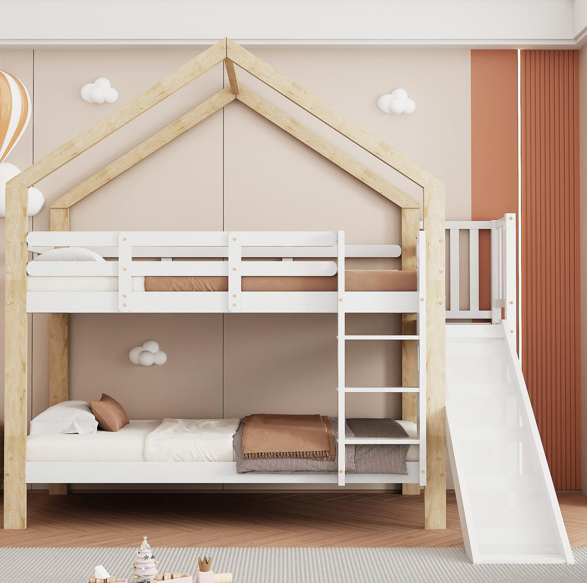 POSCHODOVÁ posteľ 90/200 cm biela/prírodná so šmykľavkou a 3-stupňovým rebríkom z masívneho dreva a MDF - biela, kompozitné drevo (90/200cm) - OKWISH