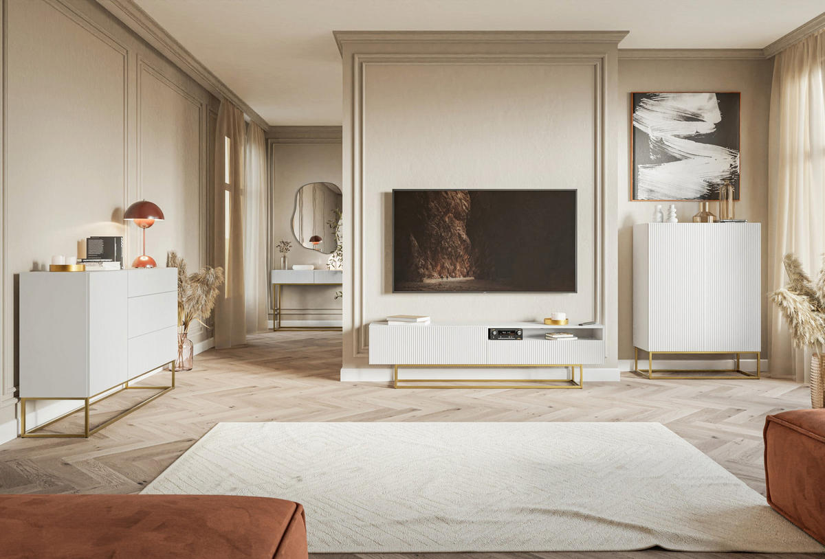 TV-SCHRANK Veldio Weiß mit offenem Fach und goldenen Metallbeinen 175 cm - Goldfarben/Weiß, Holzwerkstoff/Metall (175/46.5/31.6cm) - Selsey