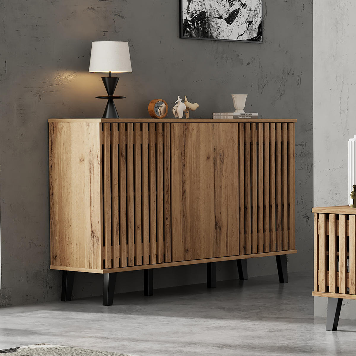 SIDEBOARD 3 Türen 6 Fächer 150x40x95cm Stauraum Mehrzweck - Naturfarben, Holzwerkstoff (40/95/150cm) - FLIEKS