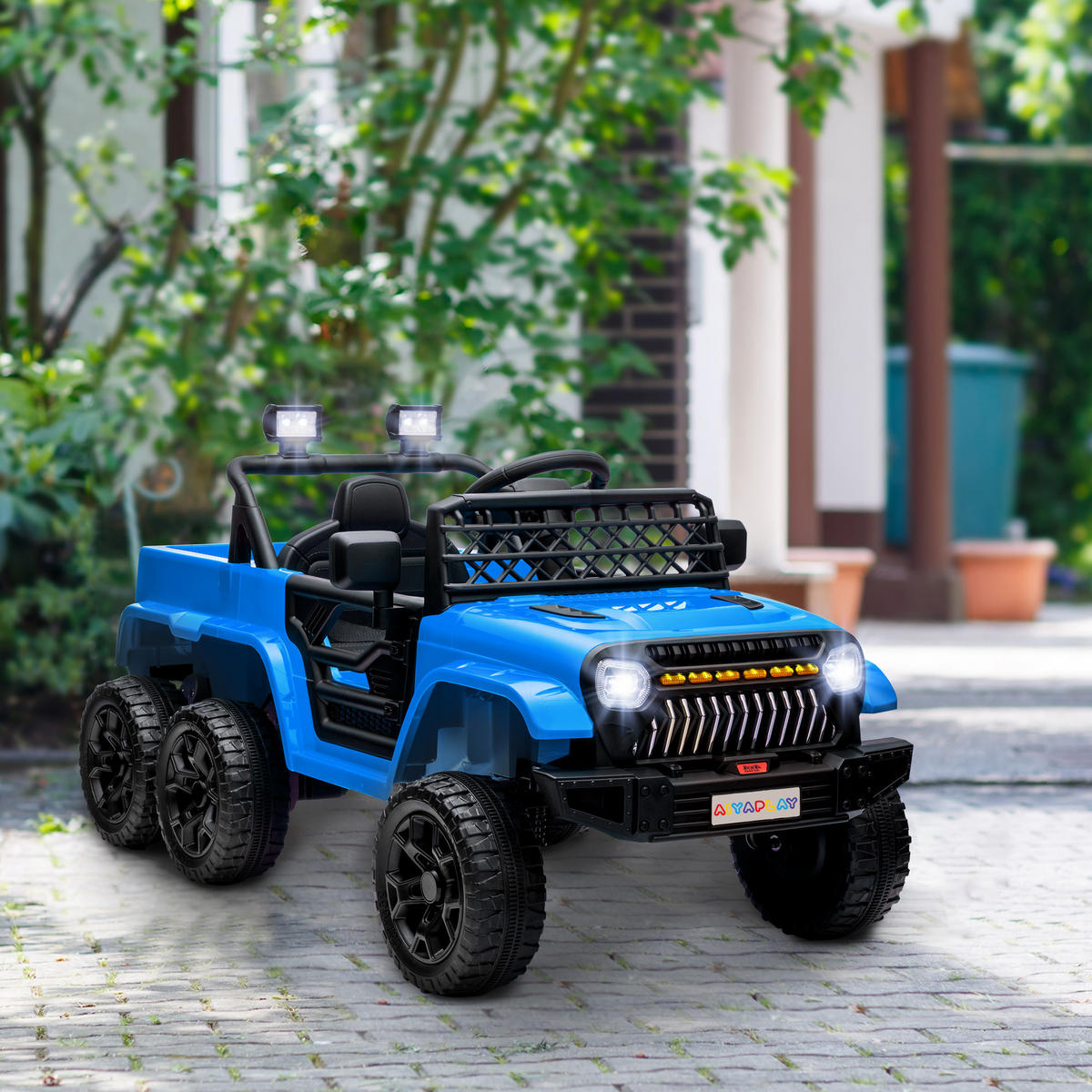 ELEKTRISCHES Kinderauto 12V, mit Anhänger, LED-Lichtern, Musik und Hupe, für Kinder im Alter von 3-8 Jahren, Hellblau - Hellblau, Kunststoff/Metall (122/62.5/65cm) - AIYAPLAY