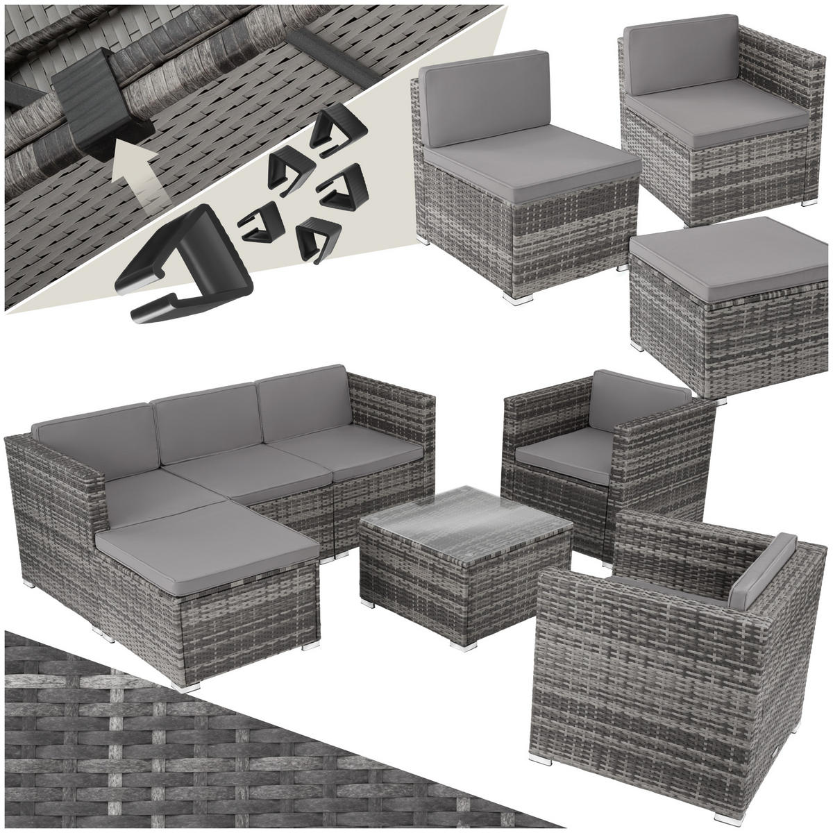 RATTANLOUNGE Lignano,variabel aufstellbar,grau - Grau, Kunststoff - tectake