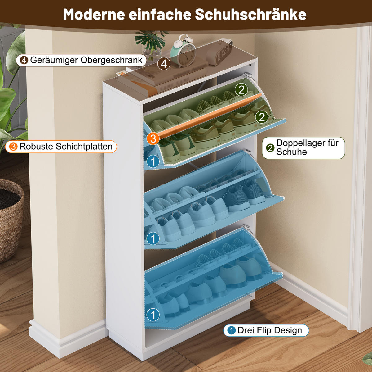 SCHUHSCHRANK 63/120/24 cm Weiß aus MDF mit 3 Klappen und Spiegel - Weiß, Holzwerkstoff (63/120/24cm) - OKMYHOME