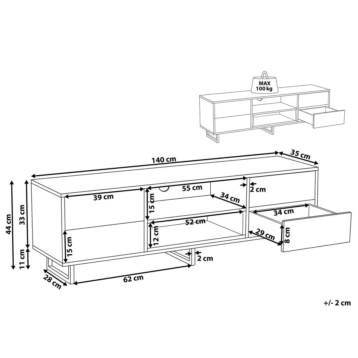 TV STOLEK Světle hnědý, Tmavě hnědý, Černý FRANKLIN 35/140/44 cm - světle hnědá, kompozitní dřevo (140/44/35cm) - Beliani