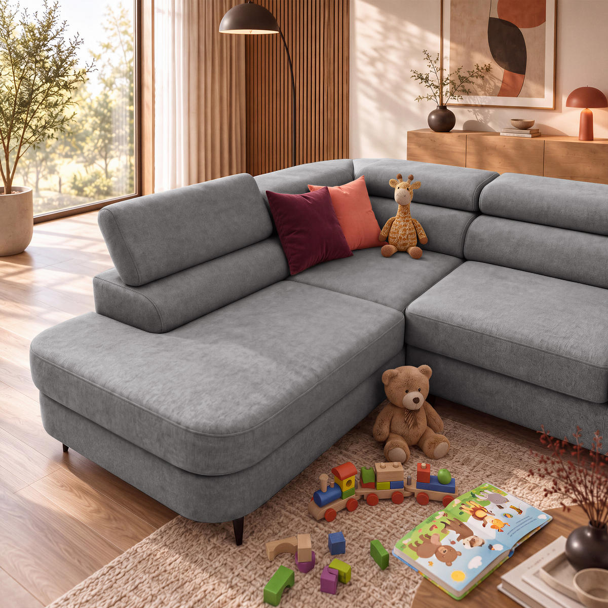 ECKSOFA U-Form PRIAM MAXI U Links mit Schlaffunktion 125x317 Velours Grau - Schwarz/Grau, Holz/Textil (203/91/400cm) - Muffo